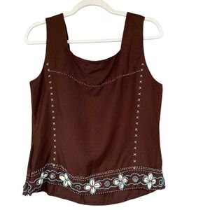 Yves Cossette Depeche Mode Tank Top Womens 14 Brown Embroidered Beaded Linen